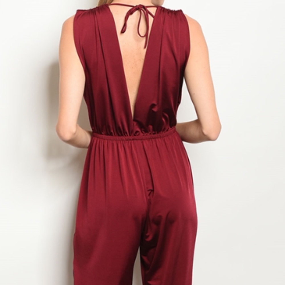 RED WINE JUMPSUIT WITH A DEEP PLUNGE & TIE BACK - Picture 3 of 4